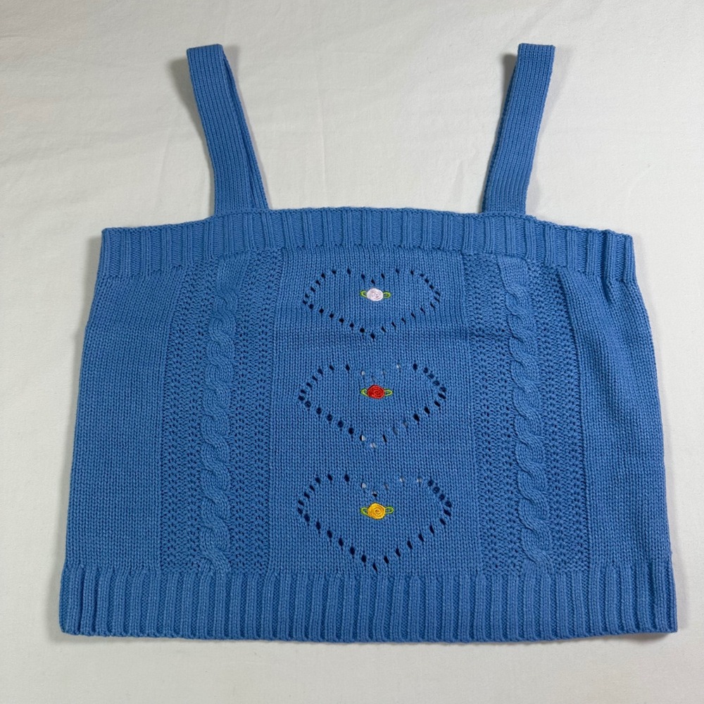 525 Born In BKLYN Waterfall Knit Tank Top‎ Embroidered Hearts Blue Sweater S NWT